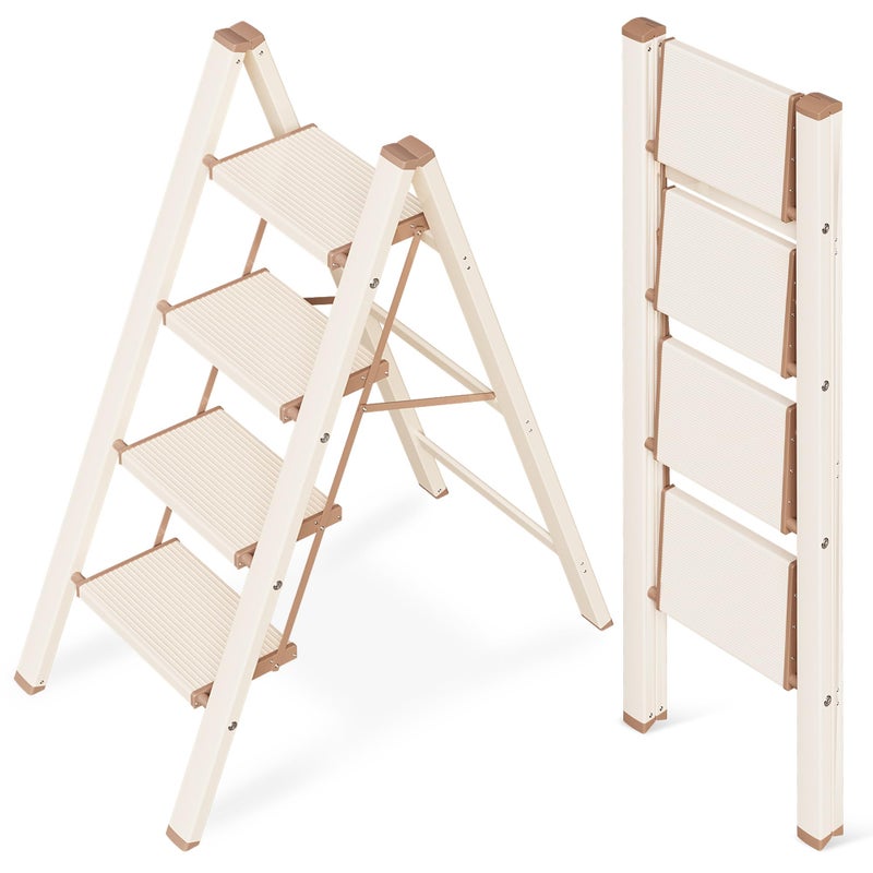 GameGem 4 Step Ladder, Aluminum Folding Step Stool with Anti-Slip Sturdy and Wide Pedal, Lightweight Portable Stepladder for Home and Kitchen Use Space Saving, 330 lbs, Chocolate White - Image 1