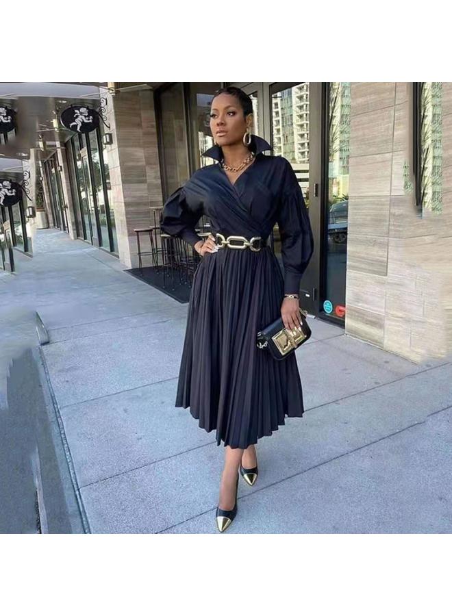 Spring New European And American N Women's Dress Dress Elegant Pleated Black Stand Collar Midi Dress 