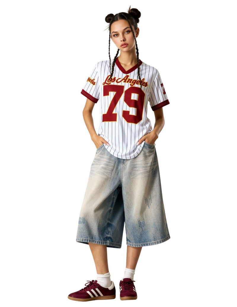 Vamtac Oversized Mesh Jersey Shirts for Women Striped Number Graphic Tees Y2K V Neck Shirt Summer Streetwear Tops Bright Red XL - Image 2