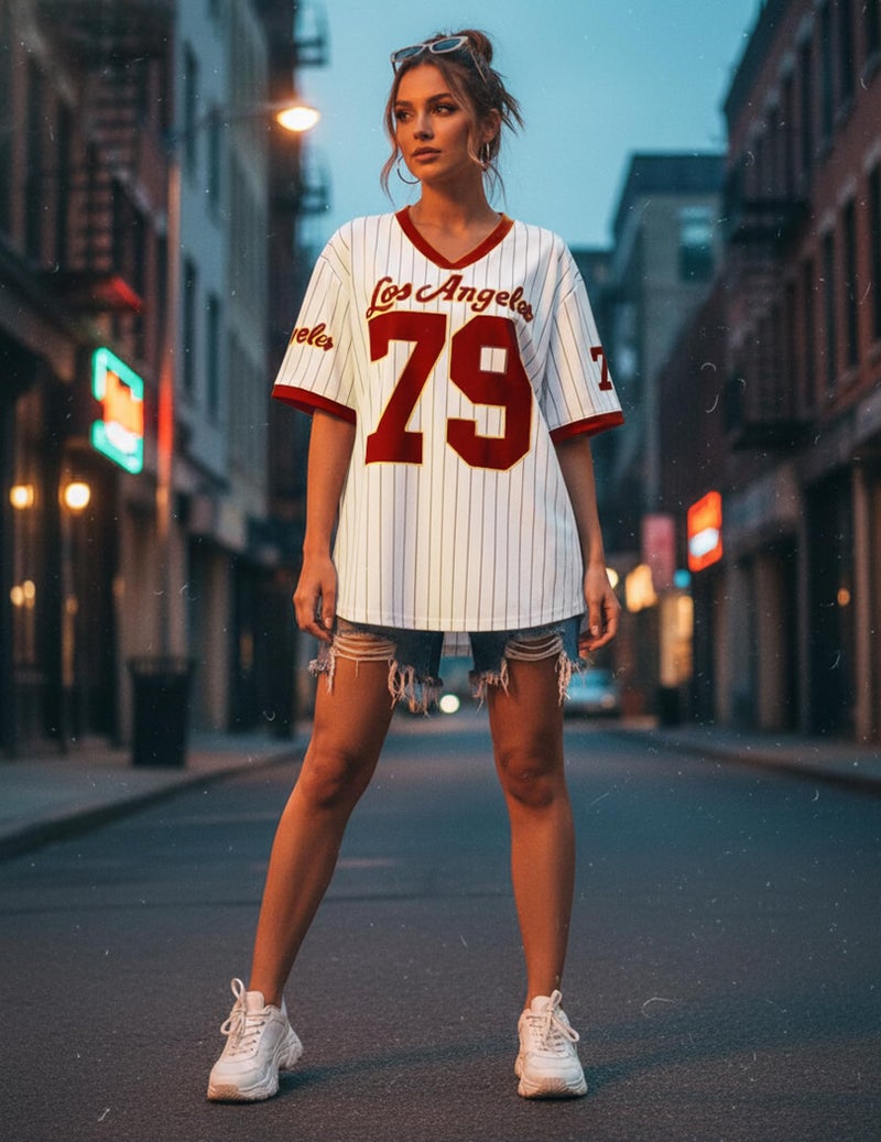 Vamtac Oversized Mesh Jersey Shirts for Women Striped Number Graphic Tees Y2K V Neck Shirt Summer Streetwear Tops Bright Red XL - Image 5