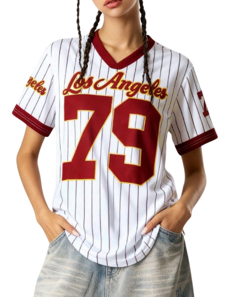 Vamtac Oversized Mesh Jersey Shirts for Women Striped Number Graphic Tees Y2K V Neck Shirt Summer Streetwear Tops Bright Red XL - Image 1