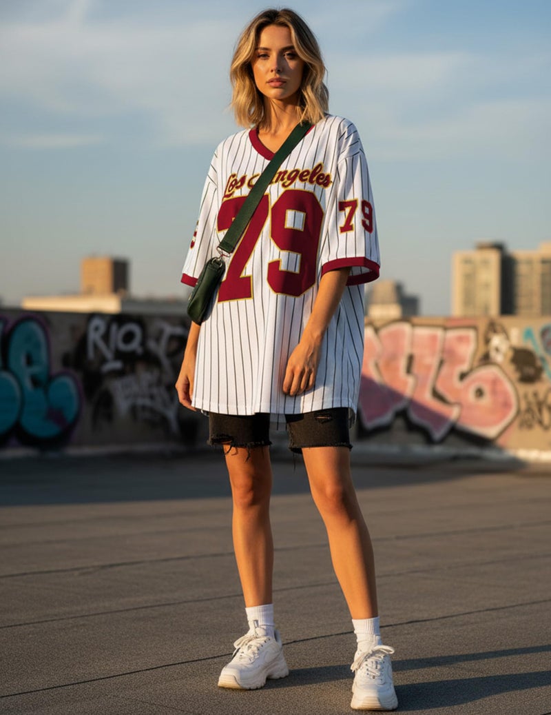 Vamtac Oversized Mesh Jersey Shirts for Women Striped Number Graphic Tees Y2K V Neck Shirt Summer Streetwear Tops Bright Red XL - Image 4