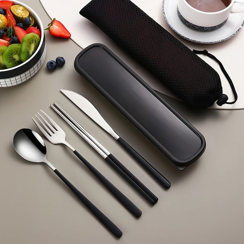 Stainless Steel 6 Piece Cutlery Set With Knife Fork Spoon Chopsticks Portable Case Storage Bag For Outdoor Picnic Camping School Travel - Image 1
