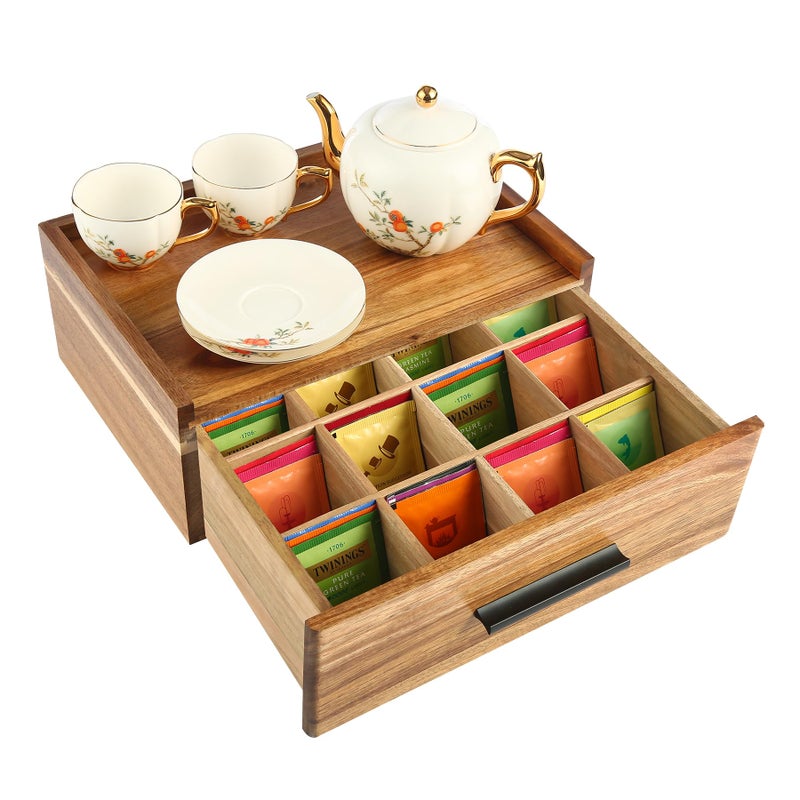 NewEle Acacia Wood Tea Bag Organizer - Tea Box Organizer Storage Box with 12 Compartments - Image 1