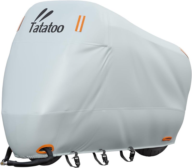 TATATOO Motorcycle Cover Waterproof Outdoor, 300D Heavy Duty, UV & Rain Resistant, 3 Wind-Resistant Buckles, Dual Lock Holes, Includes Storage Bag, Fits Most Motorcycles up to 104",Silver - Image 1
