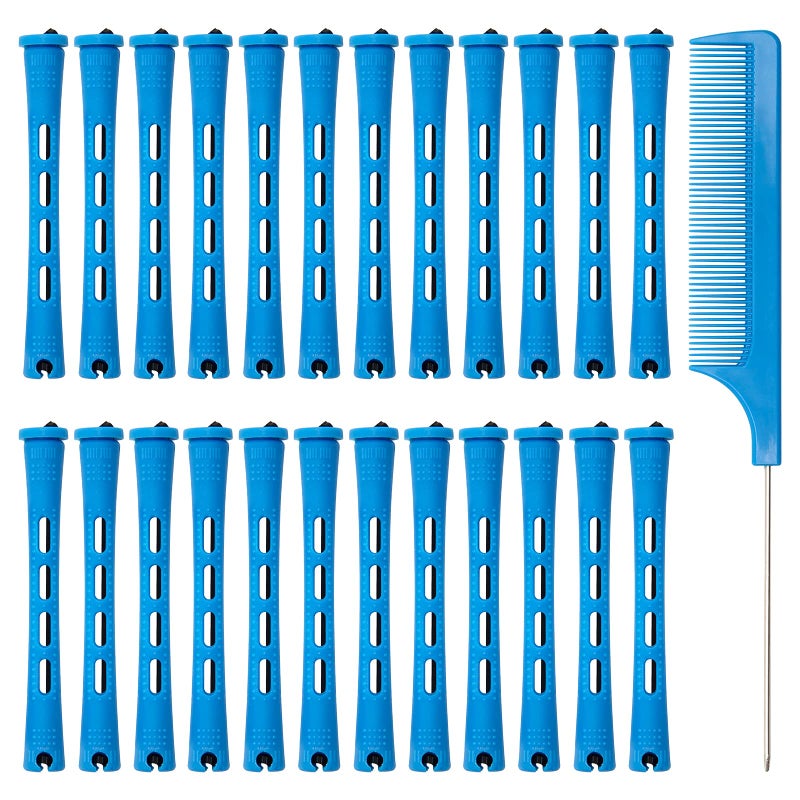 Coolrunner Hair Perm Rods Set 60Pcs Blue Plastic Curler Perming Rods With Steel Pintail Comb Diy Hair Curler Styling Tools For Hairdressing Hair (0.9Cm) - Image 1