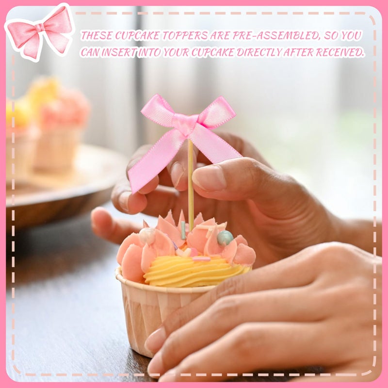 Philbinden 30 Pcs Pink Bow Cupcake Toppers Bow Themed Party Decorations Baby Shower Cupcake Picks for Bridal Baby Shower Girls Birthday Wedding Party Cake Decorations (pink) - Image 3