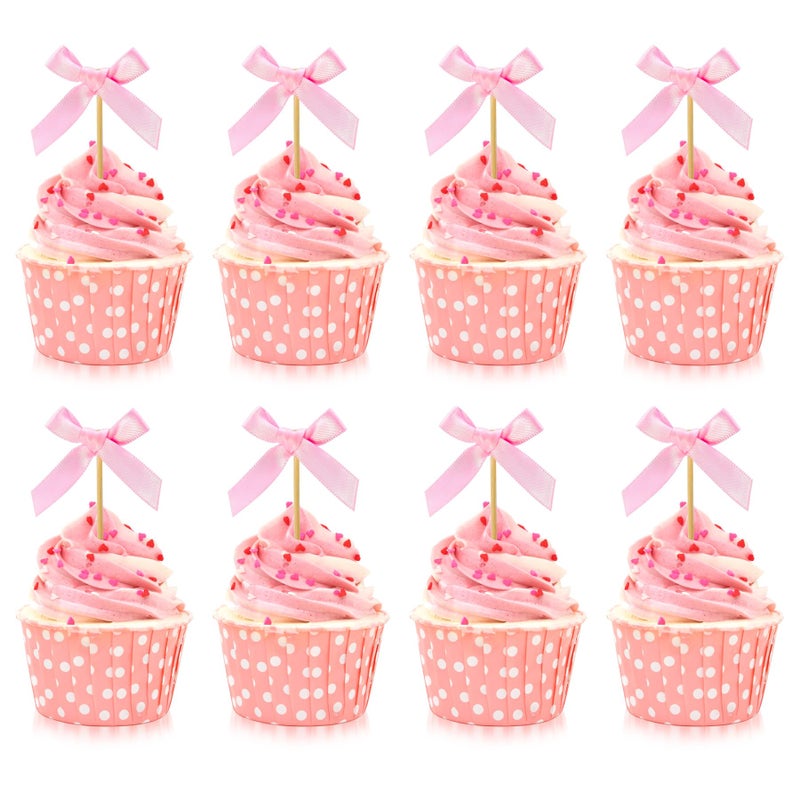 Philbinden 30 Pcs Pink Bow Cupcake Toppers Bow Themed Party Decorations Baby Shower Cupcake Picks for Bridal Baby Shower Girls Birthday Wedding Party Cake Decorations (pink) - Image 1