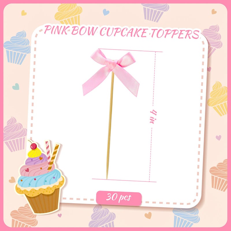 Philbinden 30 Pcs Pink Bow Cupcake Toppers Bow Themed Party Decorations Baby Shower Cupcake Picks for Bridal Baby Shower Girls Birthday Wedding Party Cake Decorations (pink) - Image 2
