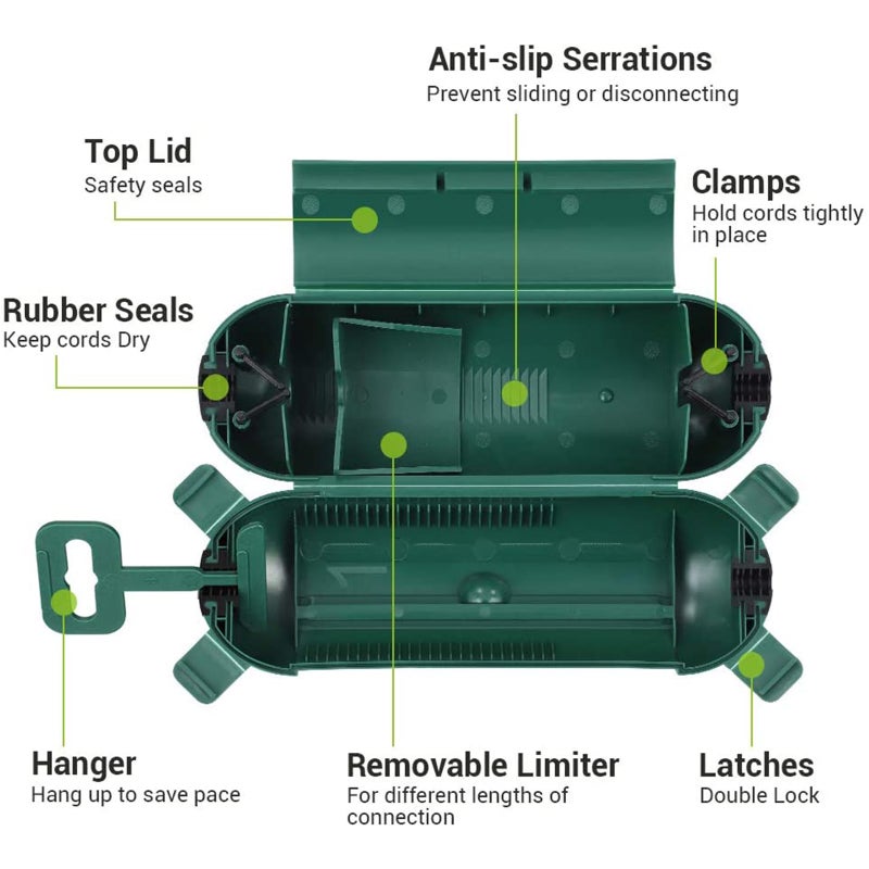 2-Pack Outdoor Extension Cord Cover, Waterproof Connection Protector with 4 Seal Latches, Adjustable Compartment for AWG 12/14/16 Cords, Holiday Decoration Lights and Plugs, Green - Image 5
