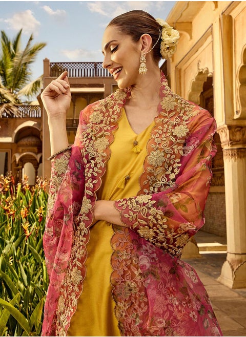 Women's Yellow Polyester Blend Self Design Full Length Palazzo Kurta Set