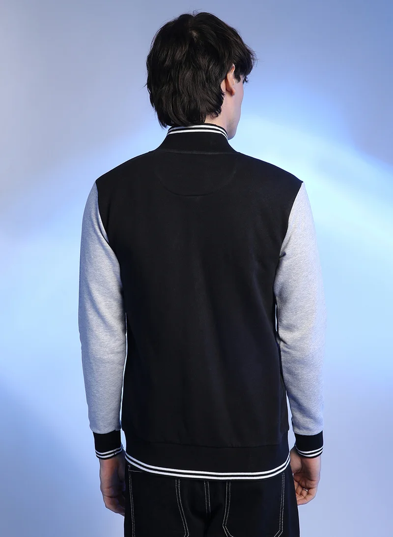 Campus Sutra Men's Onyx Black & Ash Grey Zip-Front Block Jacket
