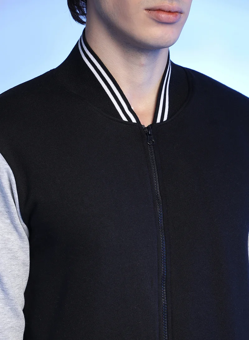Campus Sutra Men's Onyx Black & Ash Grey Zip-Front Block Jacket