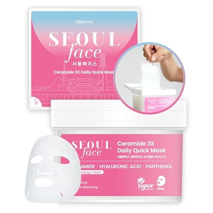 DERMAL Seoul Face Ceramide 3X Daily Quick Mask 36 Sheet – Korean Skincare Vegan Tencel Facial Masks - Intensive Moisturizing, Elasticity Mask Sheets with Hyaluronic Acid, Panthenol, Adenosine - Image 1