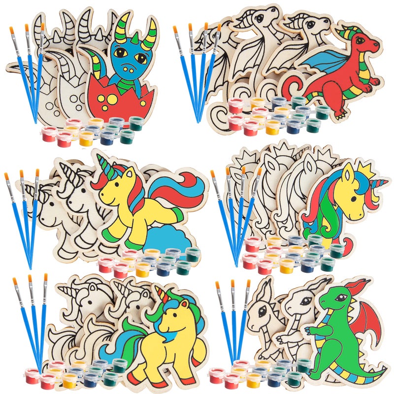 SCS Direct Kids Wood Painting Craft Kit 20 Pack Easter Basket Stuffers Arts Crafts Gifts for Kids Unicorns Dragons Painting Set wBrush Paint Great for Classrooms Birthday Party Favors Goodie Bags - Image 2