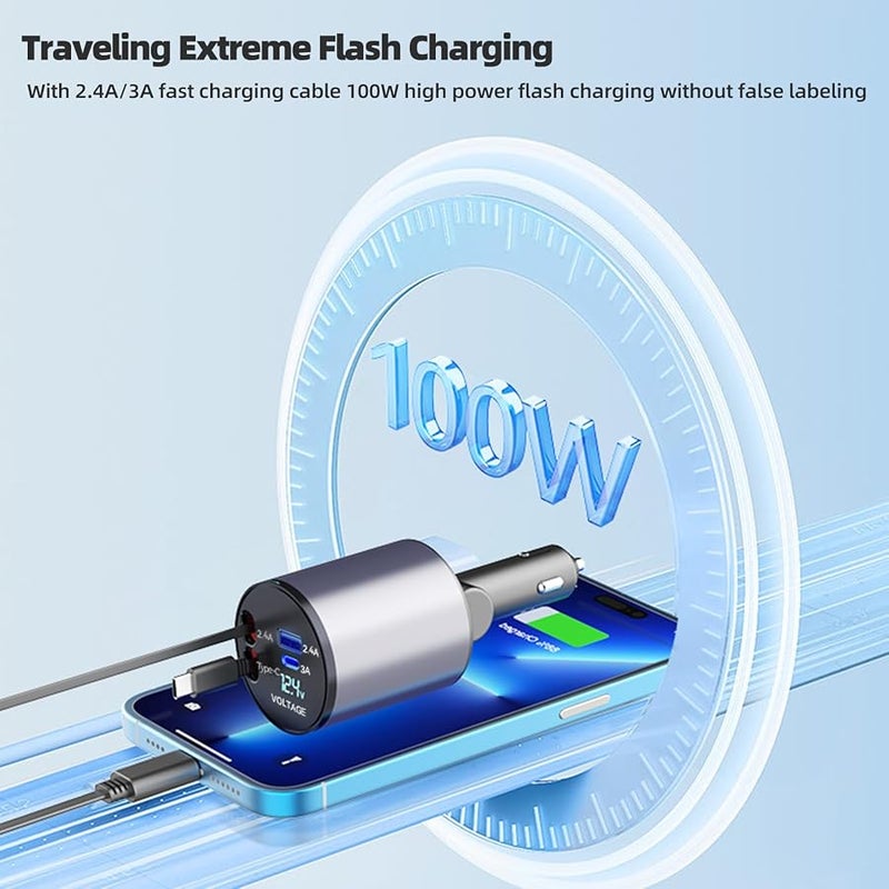 ROADRESS Retractable Car Charger, 100W 4 in 1 Fast Car Phone Charger Build-in 2 Retractable Charging Cables and 2 USB Ports with Voltage Display for iPhone 15/14/13/12 Pro Max XR,iPad,Samsung,Pixel - Image 3