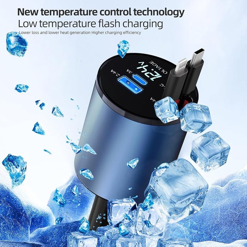 ROADRESS Retractable Car Charger, 100W 4 in 1 Fast Car Phone Charger Build-in 2 Retractable Charging Cables and 2 USB Ports with Voltage Display for iPhone 15/14/13/12 Pro Max XR,iPad,Samsung,Pixel - Image 4