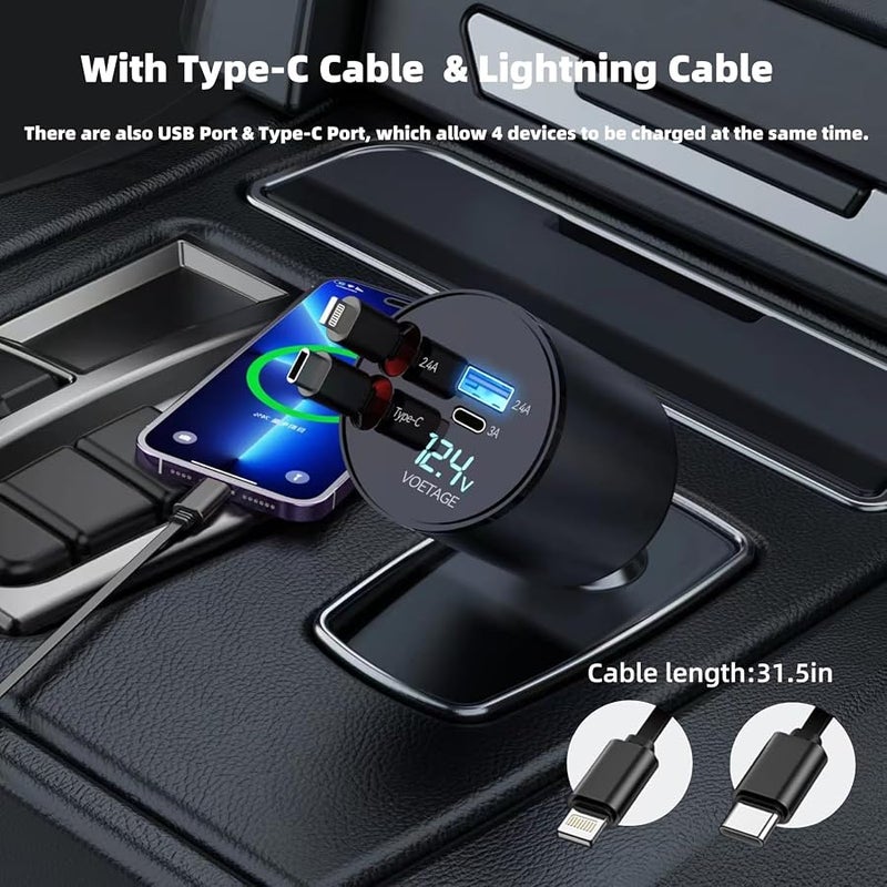 ROADRESS Retractable Car Charger, 100W 4 in 1 Fast Car Phone Charger Build-in 2 Retractable Charging Cables and 2 USB Ports with Voltage Display for iPhone 15/14/13/12 Pro Max XR,iPad,Samsung,Pixel - Image 2