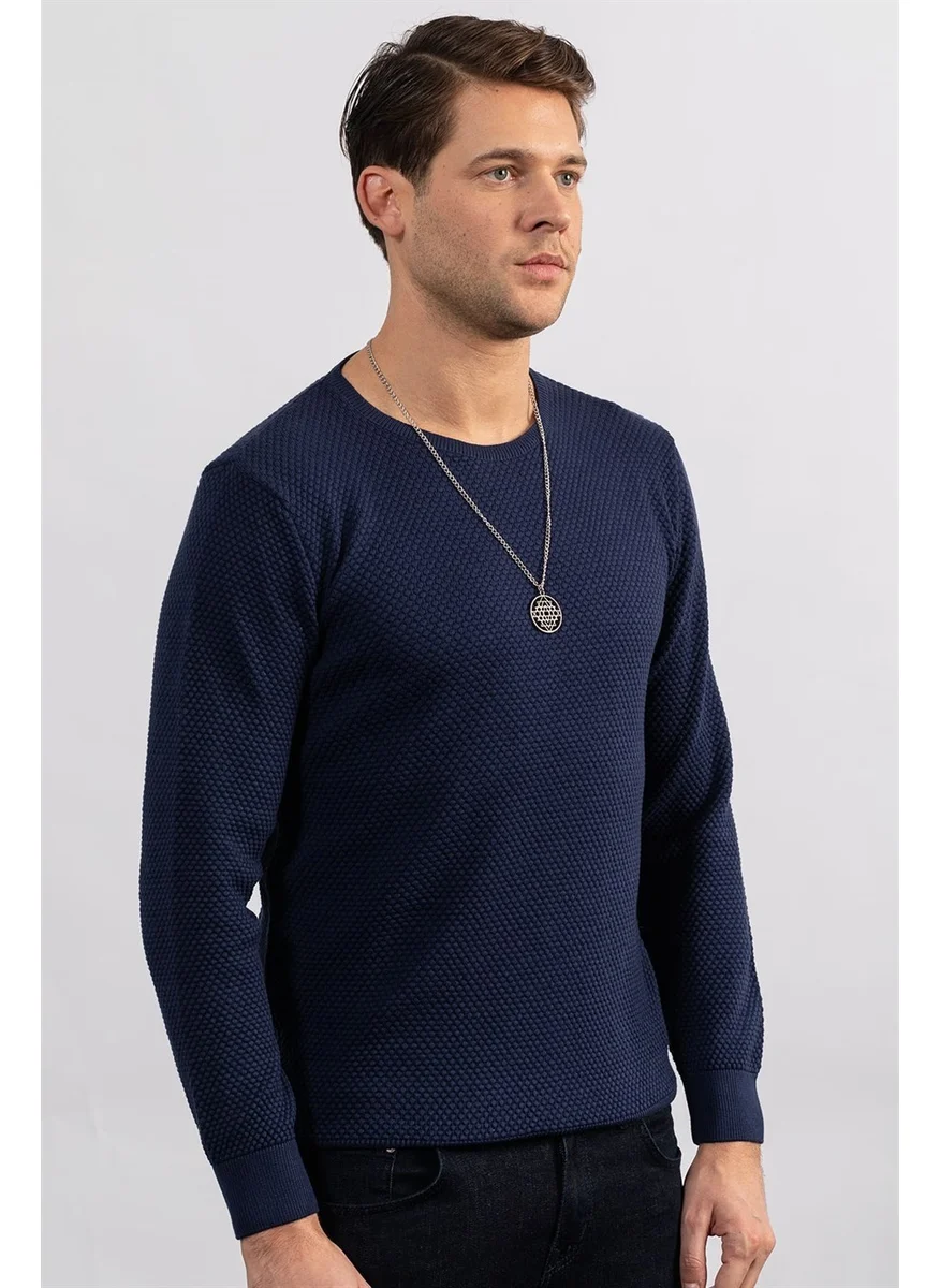 Tudors Slim Fit Narrow Cut Crew Neck Honeycomb Patterned Men's Sweater