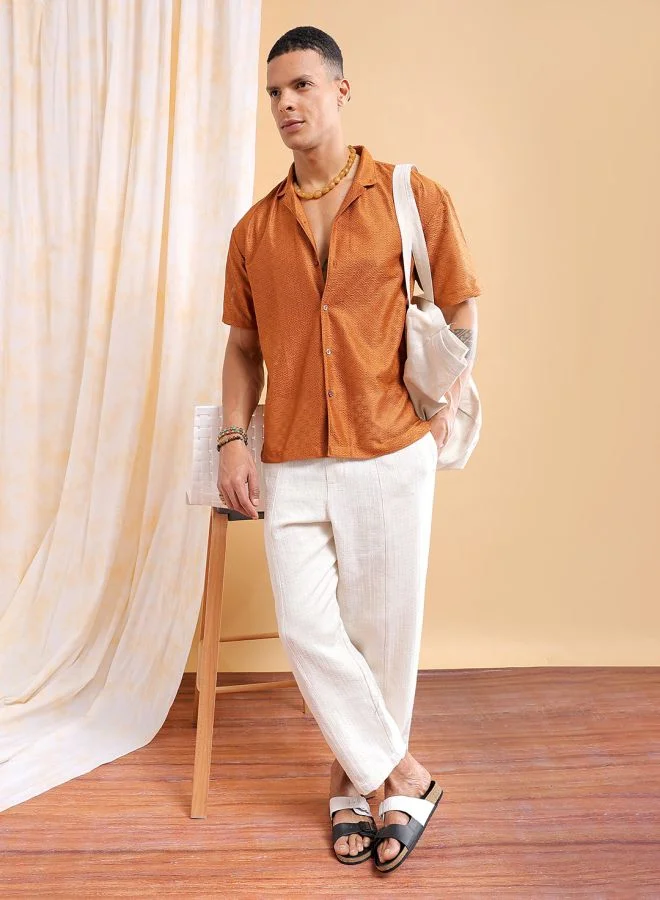 The Indian Garage Co Men Relaxed Fit Solid Half Sleeves Cuban Collar Resort Wear Shirt