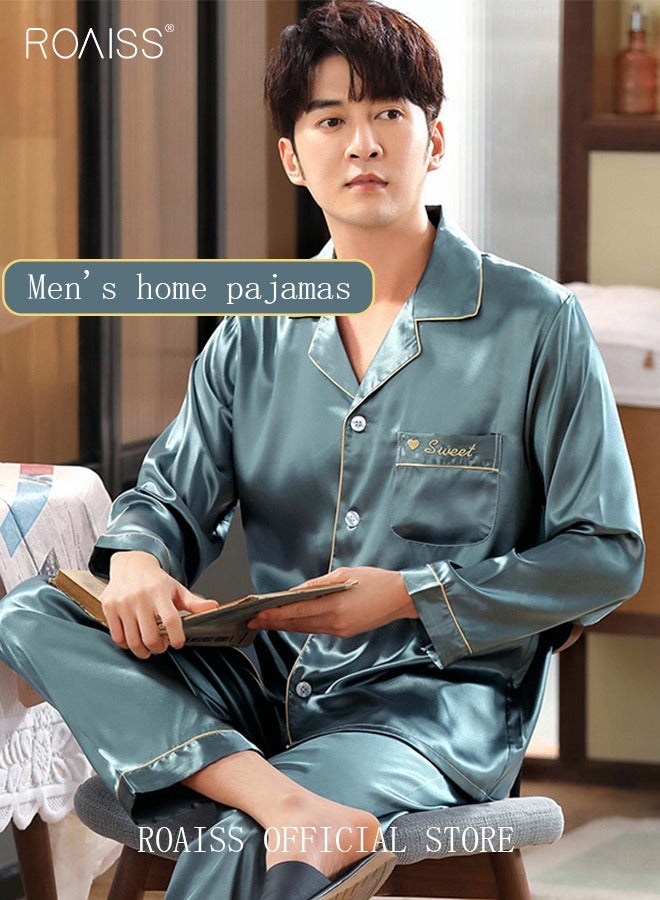 roaiss Couple Pajamas Set Long Sleeves Letters Embroidery Sleepwear for Men and Women Cute Plus Size Loungewear Spring and Autumn Home Clothes Gift for Boyfriend Girlfriend Husband Wife - Image 2