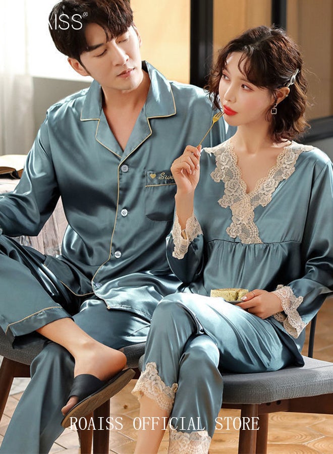 roaiss Couple Pajamas Set Long Sleeves Letters Embroidery Sleepwear for Men and Women Cute Plus Size Loungewear Spring and Autumn Home Clothes Gift for Boyfriend Girlfriend Husband Wife - Image 4