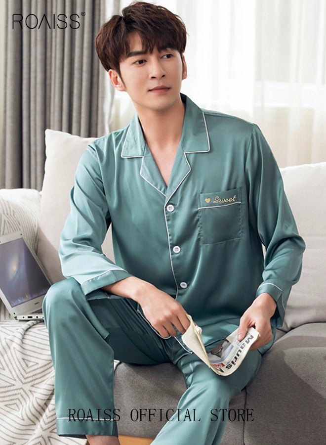 roaiss Couple Pajamas Set Long Sleeves Letters Embroidery Sleepwear for Men and Women Cute Plus Size Loungewear Spring and Autumn Home Clothes Gift for Boyfriend Girlfriend Husband Wife - Image 1