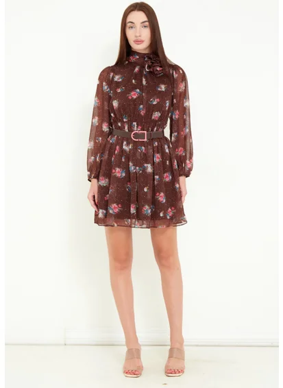 Modatalika Women's Long Sleeve Belted Floral Patterned Mini Chiffon Dress