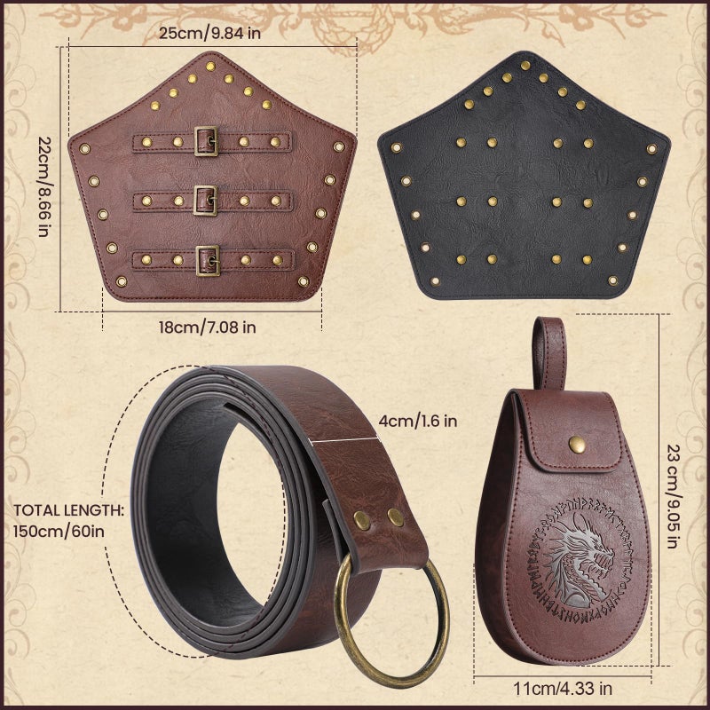 Berenlu 3 PCS Renaissance Accessories, Viking Renaissance Belt Medieval Vintage Belt Pouch and Leather Bracers, Enhance Your Halloween Renaissance Cosplay with Medieval Accessories (Brown) - Image 2