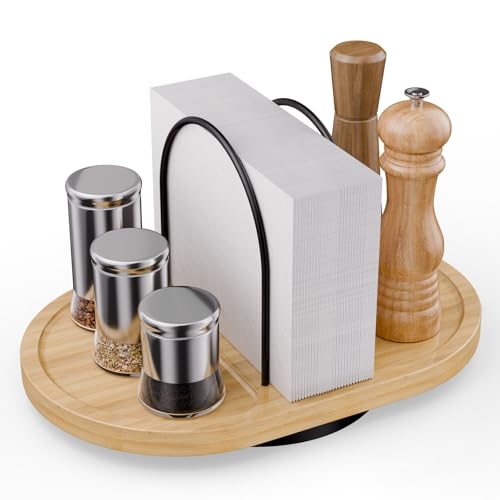 Primo Lines Rotating Napkin Holder for Table with BuiltIn Space for Salt and Pepper Shakers Wooden Metal Caddy Rustic Table Organizer with 360 Degree Spin for Kitchen Decor and Accessories Bamboo - Image 1