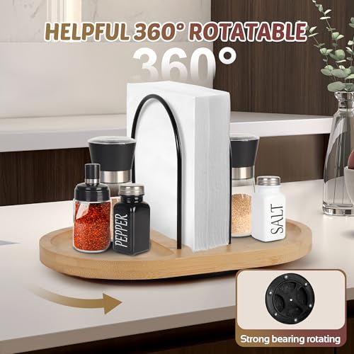 Primo Lines Rotating Napkin Holder for Table with BuiltIn Space for Salt and Pepper Shakers Wooden Metal Caddy Rustic Table Organizer with 360 Degree Spin for Kitchen Decor and Accessories Bamboo - Image 3