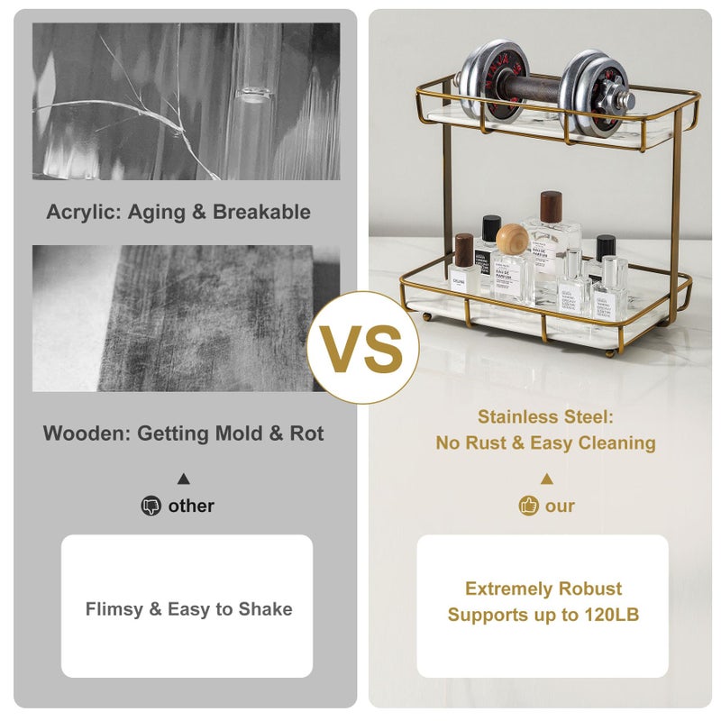 Dobbyby Bathroom Organizer Countertop Perfume Organizer Makeup Organizer Cosmetics Storage Display Rack Vanity Tray Dresser Stainless Steel Gold Shelf White Marble Ceramic Tray - Image 2