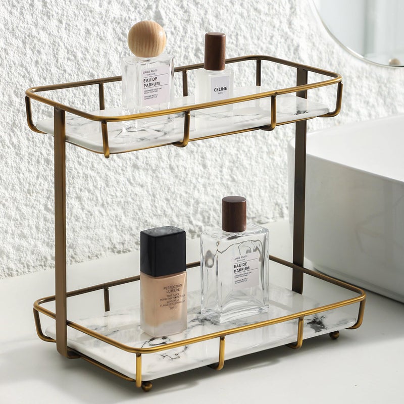 Dobbyby Bathroom Organizer Countertop Perfume Organizer Makeup Organizer Cosmetics Storage Display Rack Vanity Tray Dresser Stainless Steel Gold Shelf White Marble Ceramic Tray - Image 1