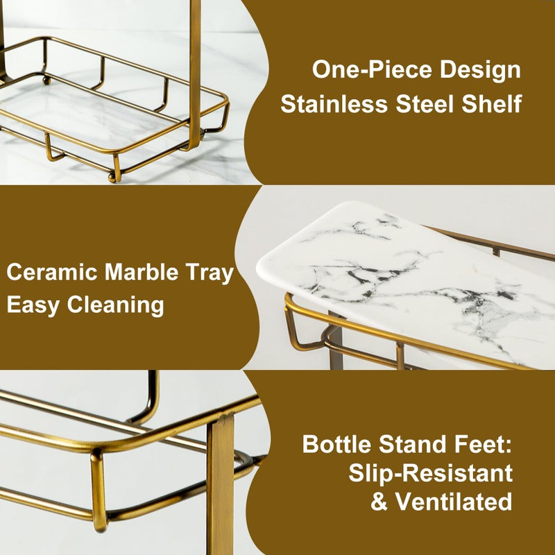 Dobbyby Bathroom Organizer Countertop Perfume Organizer Makeup Organizer Cosmetics Storage Display Rack Vanity Tray Dresser Stainless Steel Gold Shelf White Marble Ceramic Tray - Image 3