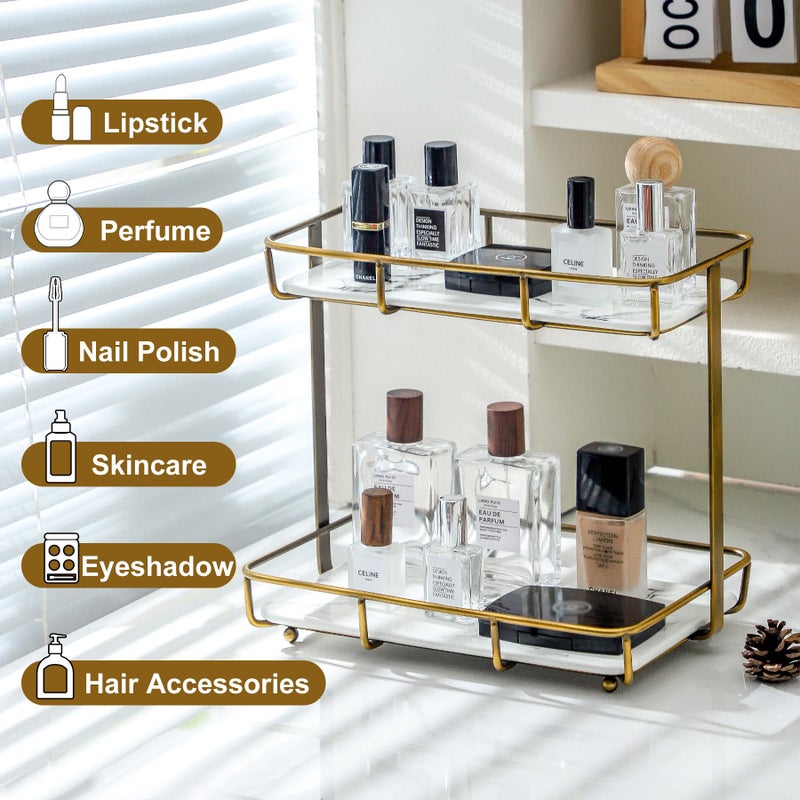 Dobbyby Bathroom Organizer Countertop Perfume Organizer Makeup Organizer Cosmetics Storage Display Rack Vanity Tray Dresser Stainless Steel Gold Shelf White Marble Ceramic Tray - Image 5