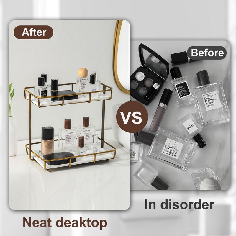 Dobbyby Bathroom Organizer Countertop Perfume Organizer Makeup Organizer Cosmetics Storage Display Rack Vanity Tray Dresser Stainless Steel Gold Shelf White Marble Ceramic Tray - Image 4
