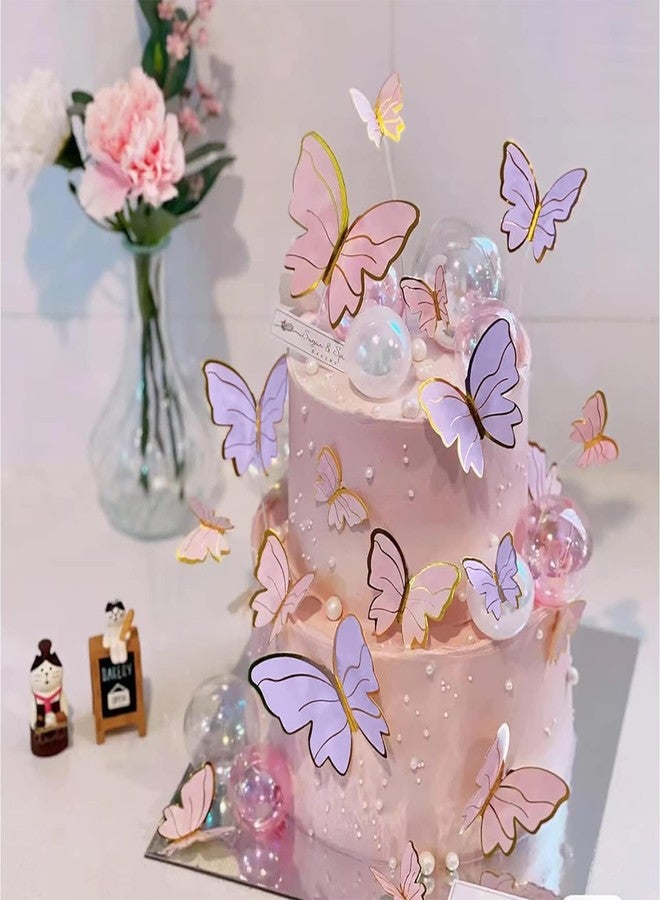 Hazyore 60PCS Pink Purple Gold Butterfly Cake Toppers, 3D Cupcake Toppers Happy Birthday Metal Gold Topper for Girls Women's Party Decorations Women Party Wall Food Decorations,Mixed Size - Image 5