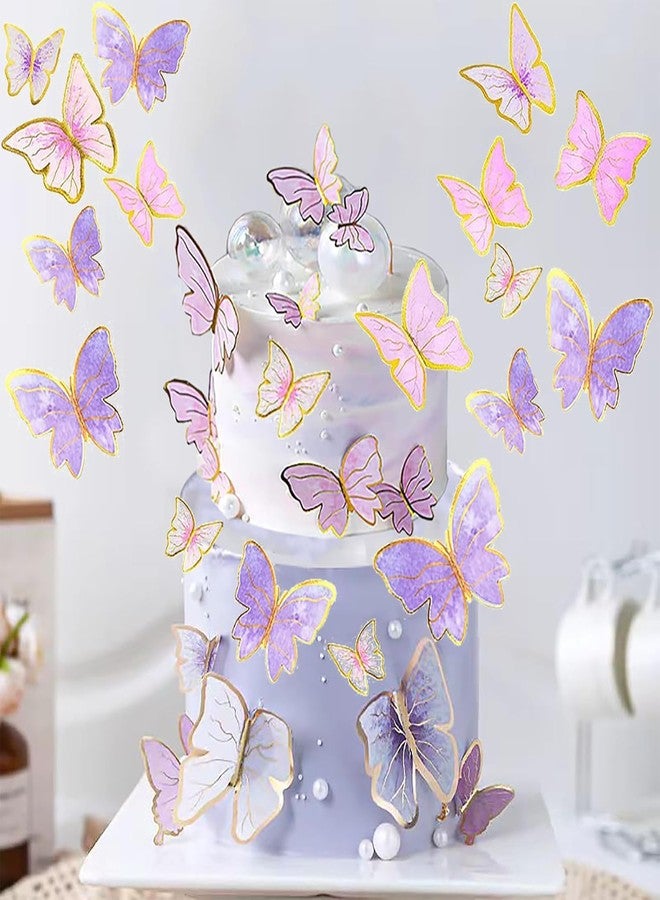 Hazyore 60PCS Pink Purple Gold Butterfly Cake Toppers, 3D Cupcake Toppers Happy Birthday Metal Gold Topper for Girls Women's Party Decorations Women Party Wall Food Decorations,Mixed Size - Image 1