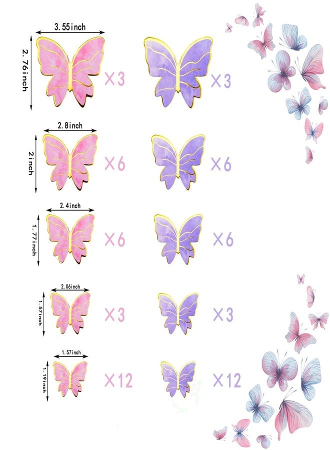Hazyore 60PCS Pink Purple Gold Butterfly Cake Toppers, 3D Cupcake Toppers Happy Birthday Metal Gold Topper for Girls Women's Party Decorations Women Party Wall Food Decorations,Mixed Size - Image 2