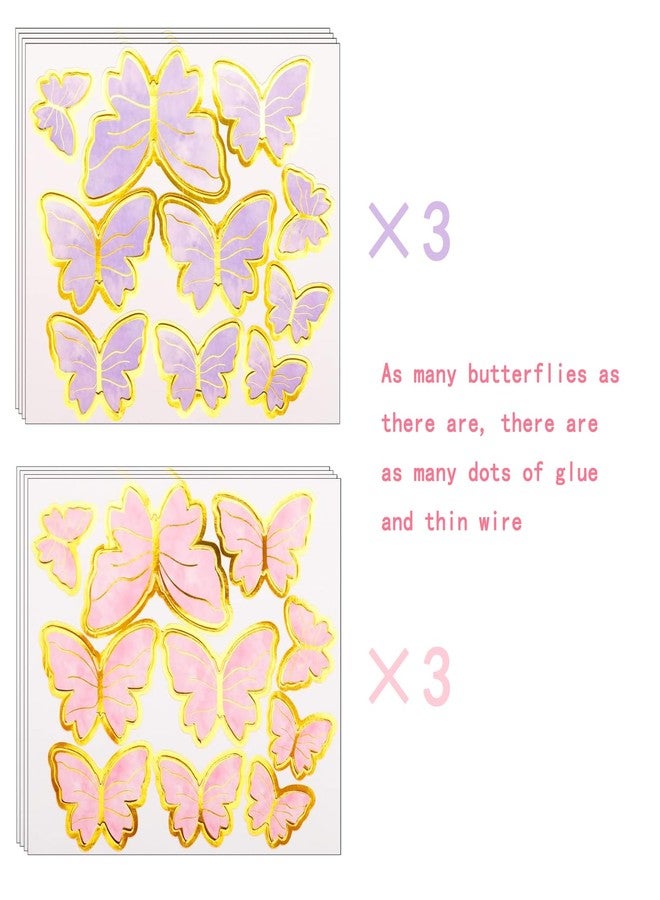 Hazyore 60PCS Pink Purple Gold Butterfly Cake Toppers, 3D Cupcake Toppers Happy Birthday Metal Gold Topper for Girls Women's Party Decorations Women Party Wall Food Decorations,Mixed Size - Image 3
