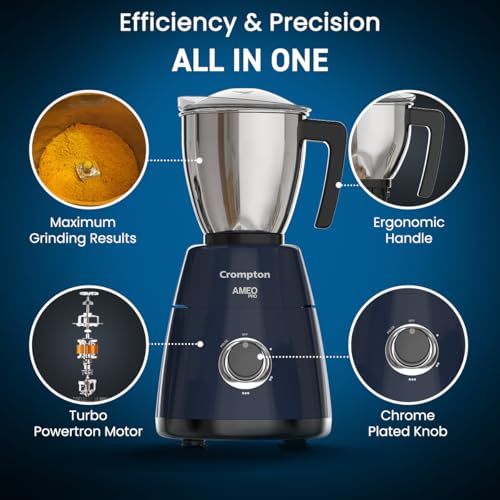 Crompton Ameo Pro 750W 3 Jar | Mixer Grinder | MaxiGrind | Motor Vent-X Technology |3 Stainless Steel Jars and 1 Juicer Jar | Black & Blue - Image 4