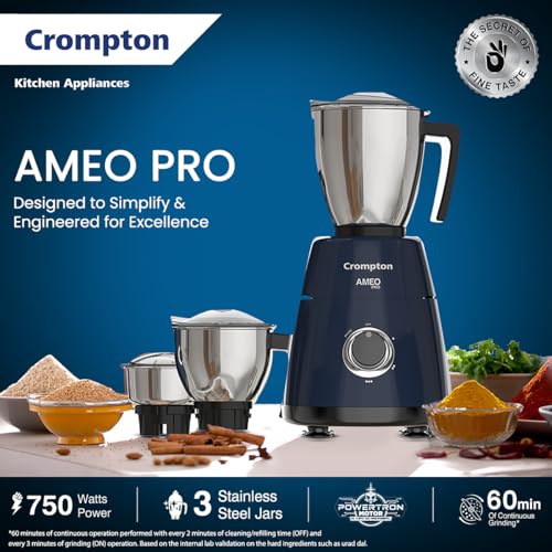 Crompton Ameo Pro 750W 3 Jar | Mixer Grinder | MaxiGrind | Motor Vent-X Technology |3 Stainless Steel Jars and 1 Juicer Jar | Black & Blue - Image 2