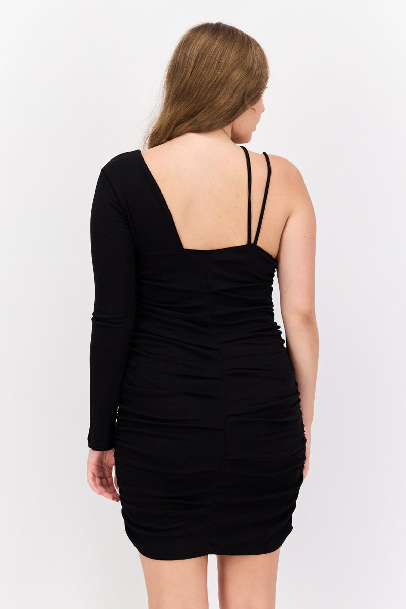 LNA Women  Ruched One-Shoulder Ribbed Mini Dress, Black - Image 3