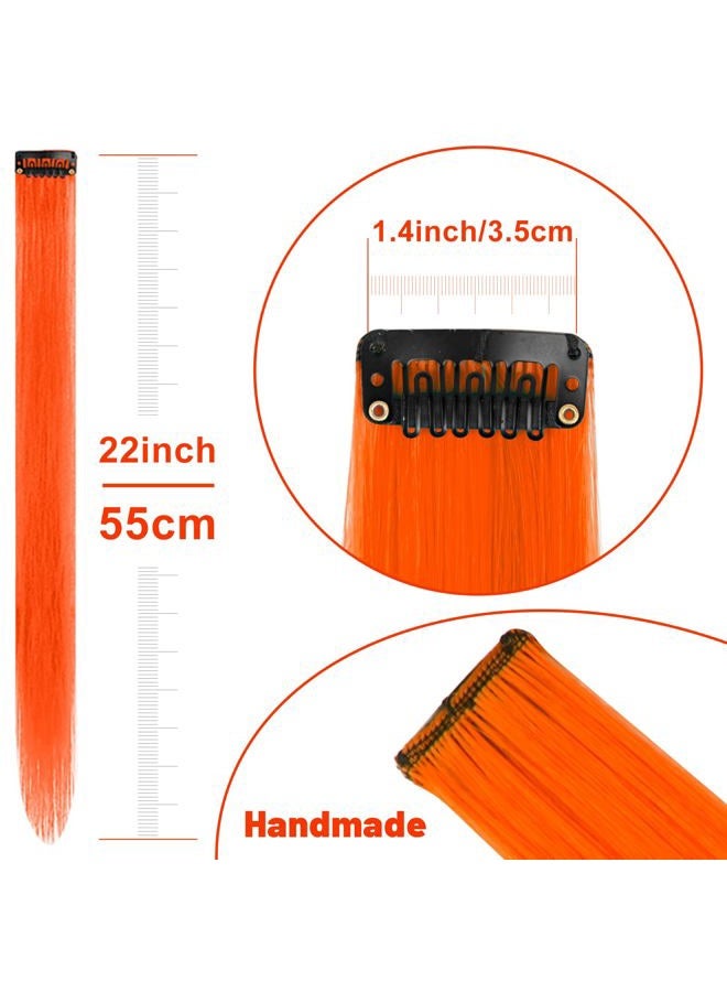 TOFAFA 22 inch Colored Hair Extensions, Multi-colors Party Highlights Clip in Synthetic Hairpiece for Halloween Girl Women Kids Party Gift(10 PCS Orange) - Image 4