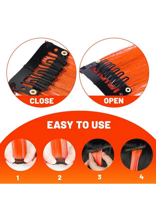 TOFAFA 22 inch Colored Hair Extensions, Multi-colors Party Highlights Clip in Synthetic Hairpiece for Halloween Girl Women Kids Party Gift(10 PCS Orange) - Image 3