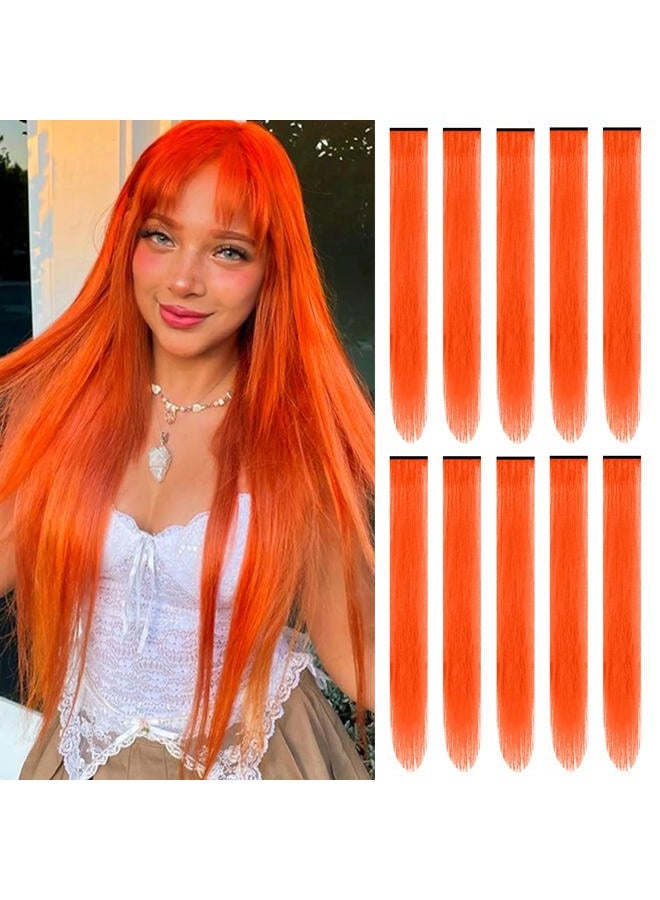 TOFAFA 22 inch Colored Hair Extensions, Multi-colors Party Highlights Clip in Synthetic Hairpiece for Halloween Girl Women Kids Party Gift(10 PCS Orange) - Image 1