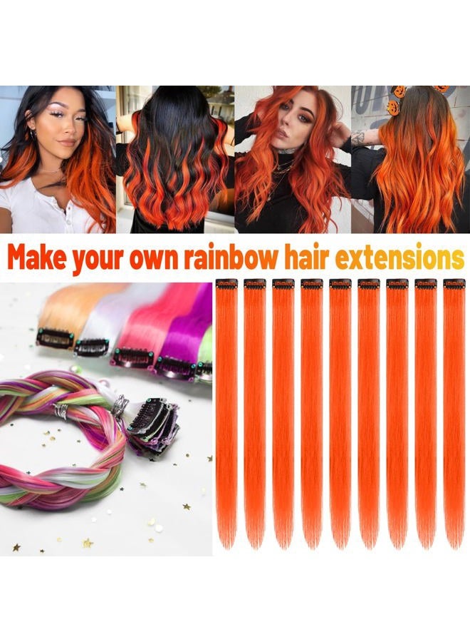 TOFAFA 22 inch Colored Hair Extensions, Multi-colors Party Highlights Clip in Synthetic Hairpiece for Halloween Girl Women Kids Party Gift(10 PCS Orange) - Image 2