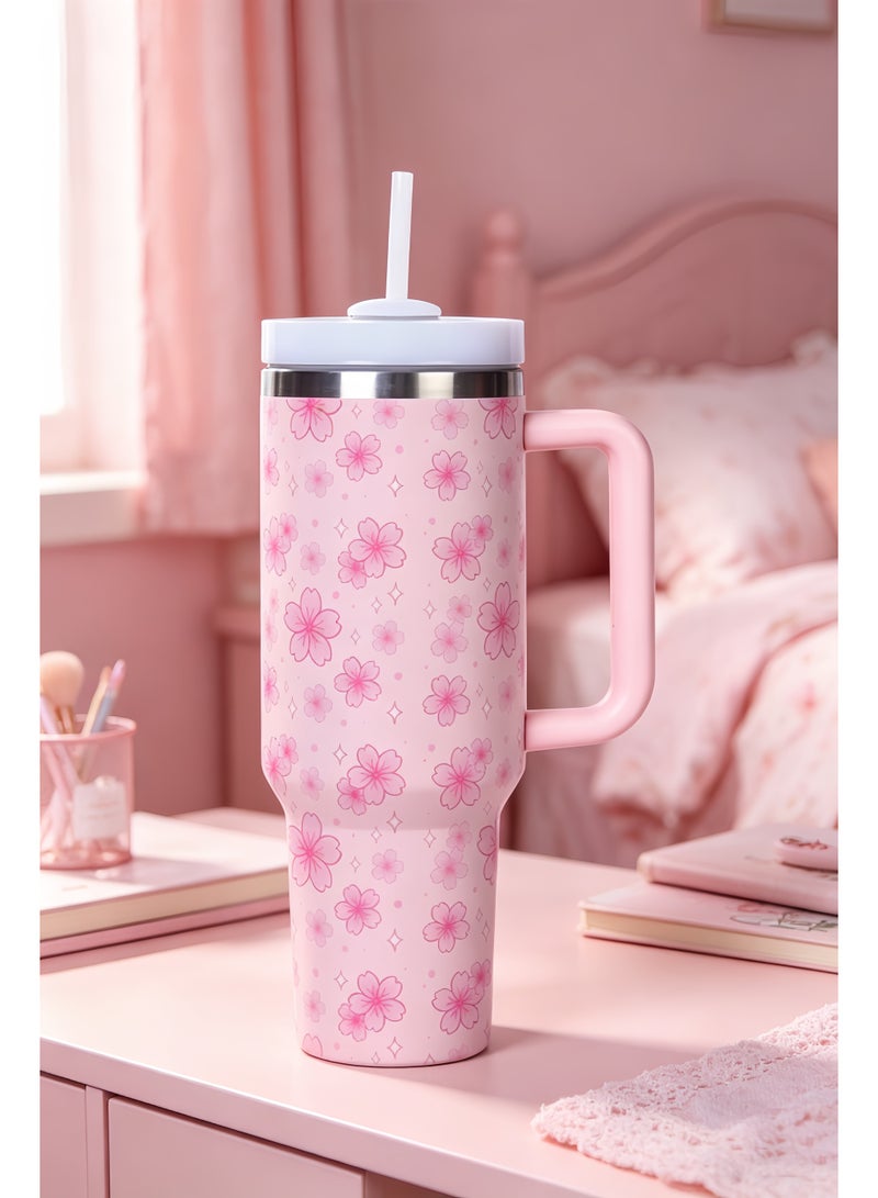 Stanley Sweet Girl Exclusive High Beauty Cherry Blossom Full Print Straw Insulated Cup, 40oz High Beauty Straw Cup - Image 1