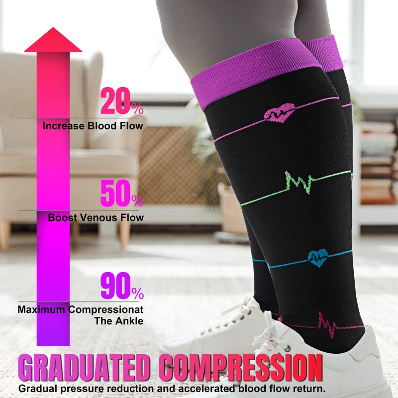 cerpite 3 Pairs Plus Size Compression Socks Wide Calf for Women & Men 20-30 mmhg-Extra Wide Calf Knee High Support Socks for Nurse - Image 4