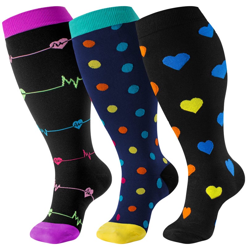cerpite 3 Pairs Plus Size Compression Socks Wide Calf for Women & Men 20-30 mmhg-Extra Wide Calf Knee High Support Socks for Nurse - Image 1